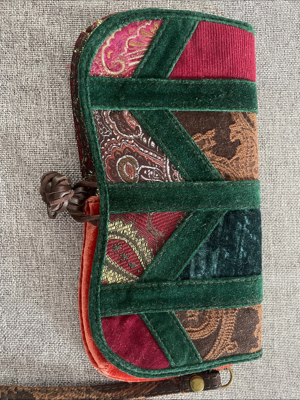 Lucky Brand Velvet Patchwork Wristlet in Green, Burgundy and Brown - Picture 3 of 6